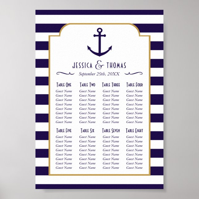 Nautisk Navy & Vit Stripe Ankare Bröllop Poster (Framsidan)
