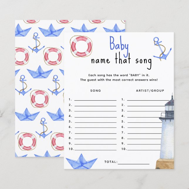 Nautisk ocean - Gissa låten baby shower spel (Fram/baksida)