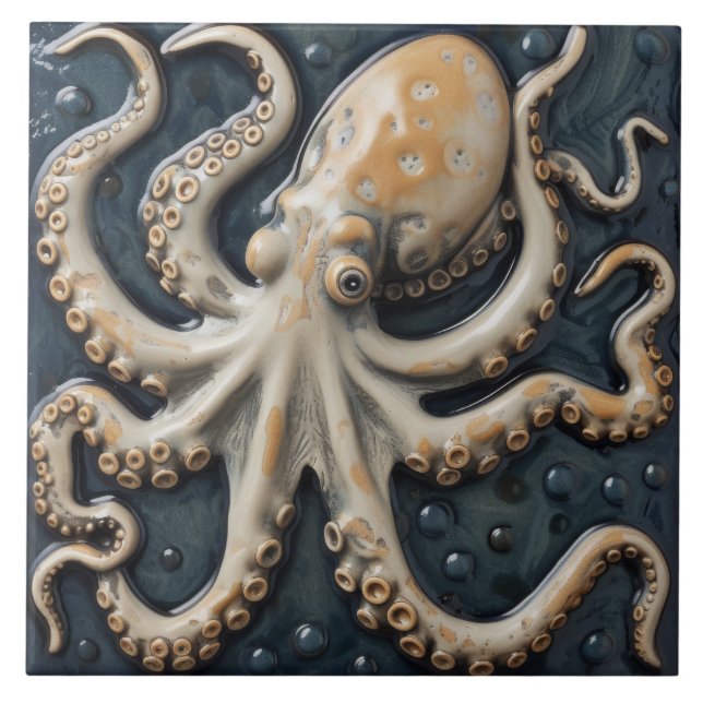 Nautisk oktopus bläckfisk 3D-effekt vattenlevande Kakelplatta (Framsidan)