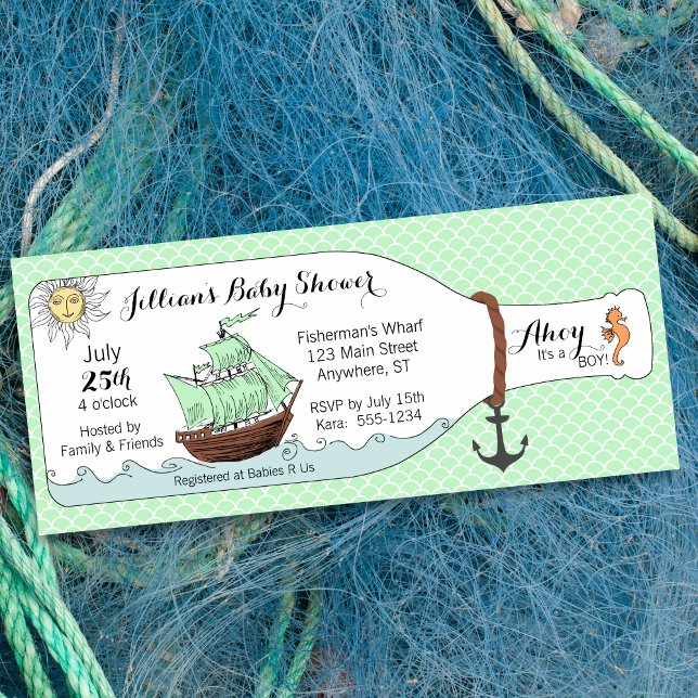 Nautisk Pirat Frakt i babyduschen Flaska Inbjudningar (Shown on a 4" x 9.25" card)