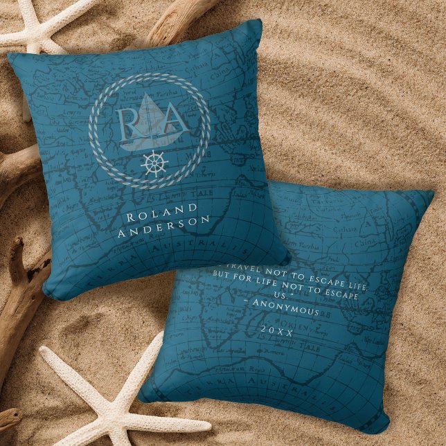 Nautisk Rep Monogram Karta Blå Kudde (Nautical Rope Monogram Map Blue Throw Pillow)