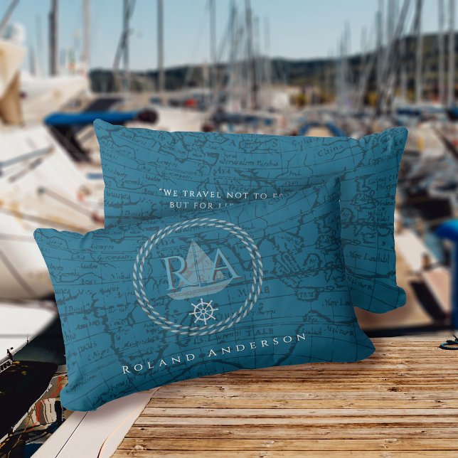Nautisk Rep Monogram Karta Blå Lumbarkudde (Nautical Map Monogram Traveller Blue Accent Pillow.)