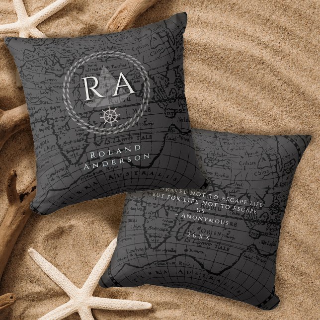 Nautisk Rep Monogram Karta Grå Kudde (Nautical Rope Monogram Map Grey Throw Pillow)