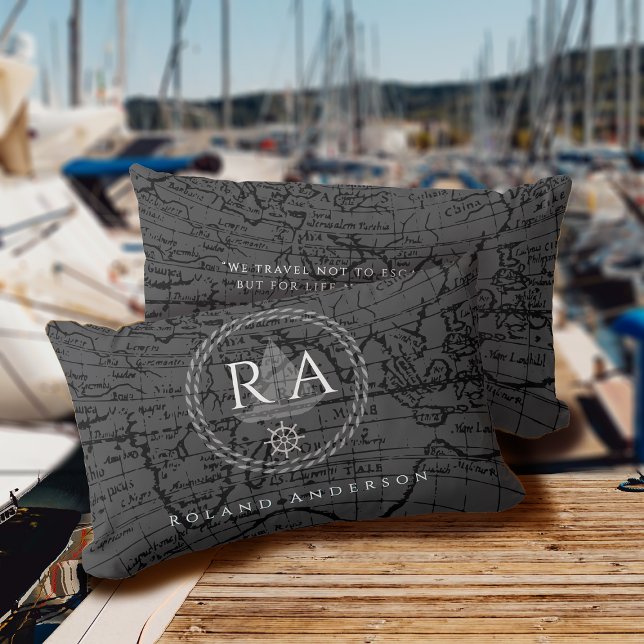 Nautisk Rep Monogram Karta Grå Lumbarkudde (Nautical Map Traveller Monogram Dark Grey Accent Pillow .)