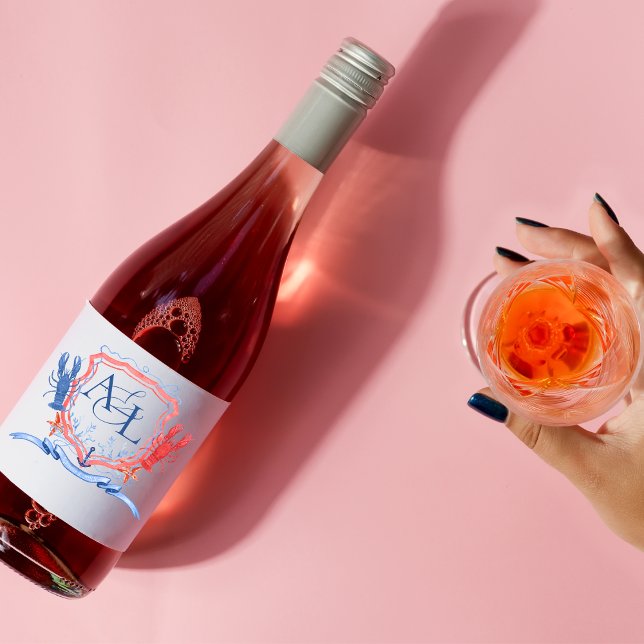 Nautisk Röd Blå Hummer Kam Mönogram Vinflaska Etikett (Skapare uppladdad)