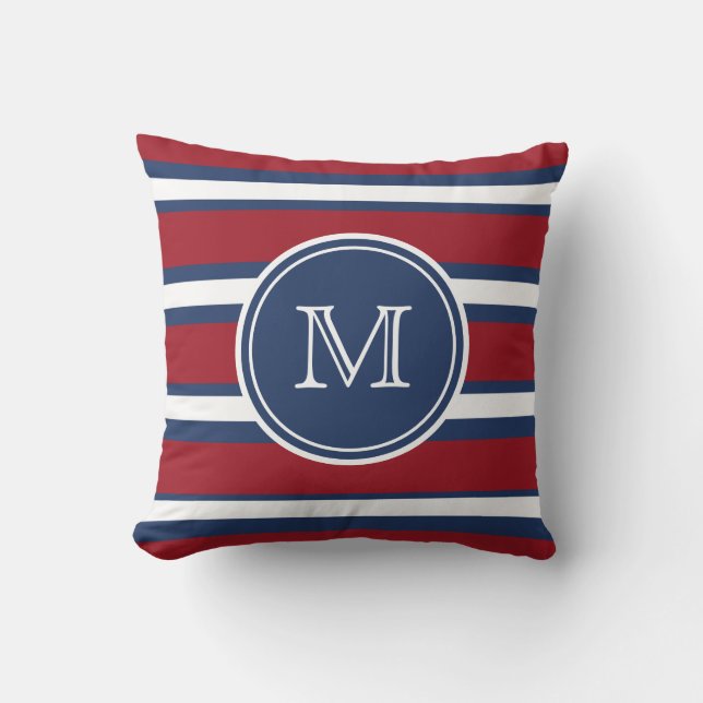 Nautisk röd blå rand monogram kastkudde kudde (Framsida)
