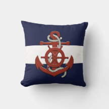 Nautisk röd fartygsratt/ankare marinblå kastkudde