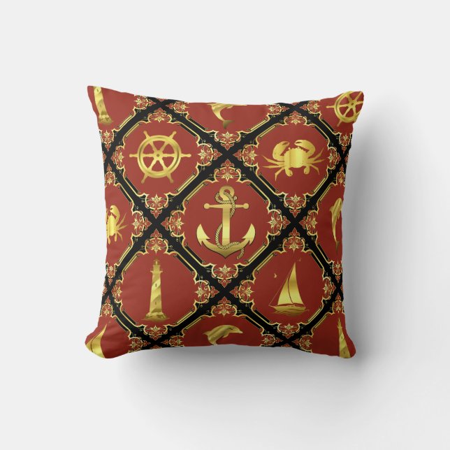 Nautisk röd/guld/delfin/segelbåt/ankare/krabba kudde (Framsida)