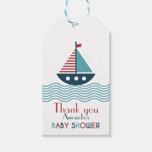 Nautisk röd och blå båt BABY SHOWER Presentetikett