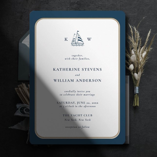 Nautisk Rope Ram-marinvit monogram Bröllop Inbjudningar (simple beach boat wedding invitation nautical rope white navy modern classic minimalist)