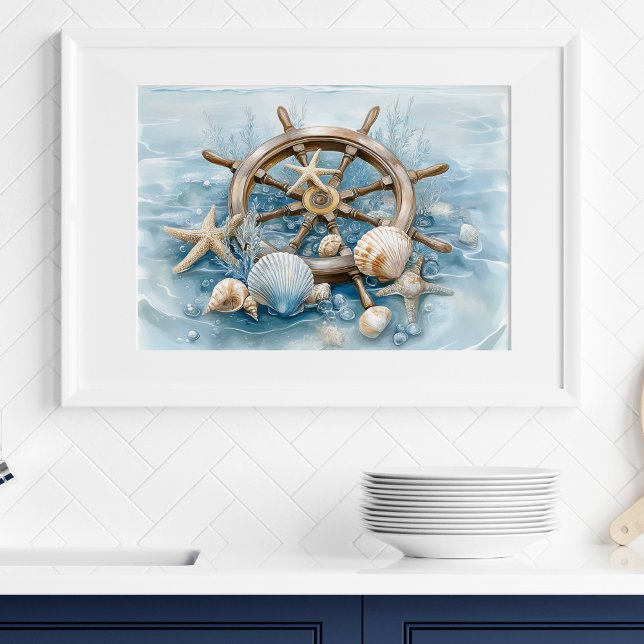 Nautisk Ror Kustnära Väggkonsttryck | Väggposter Poster (Nautical Helm Coastal Wall Art Print | Wall Poster by TinkPrints.)