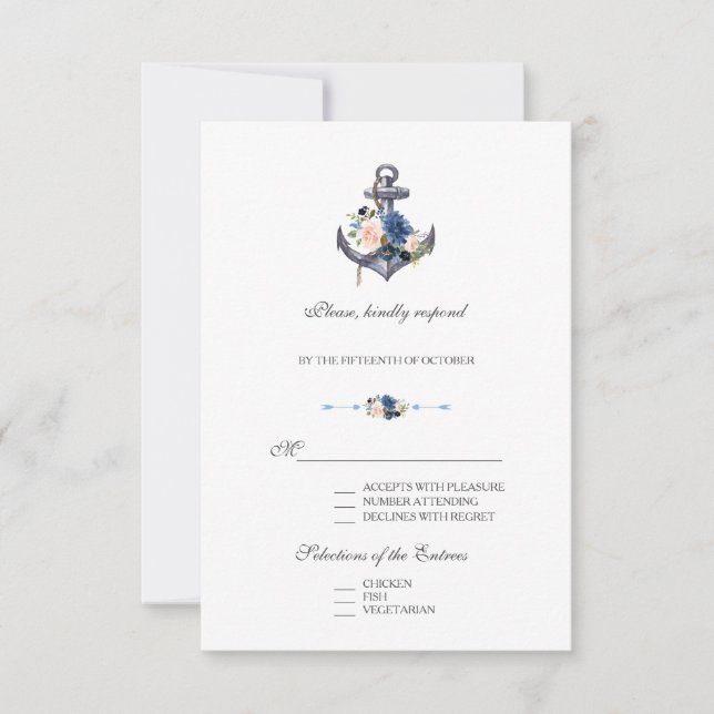 Nautisk Rosa,  blå Blommigten ankchor Bröllop OSA Kort (Framsida)