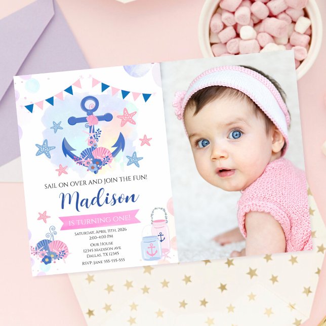 Nautisk Rosa Flottans Ankare Flicka 1-års Födelsed Inbjudningar (Skapare uppladdad)