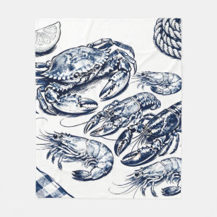 Nautisk Seafood Hummer Krabb Skiss Fleecefilt
