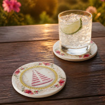 Nautisk segelbåt & blomstergul rosett coaster