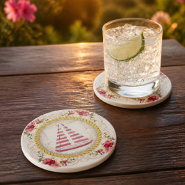 Nautisk segelbåt & blomstergul rosett coaster underlägg