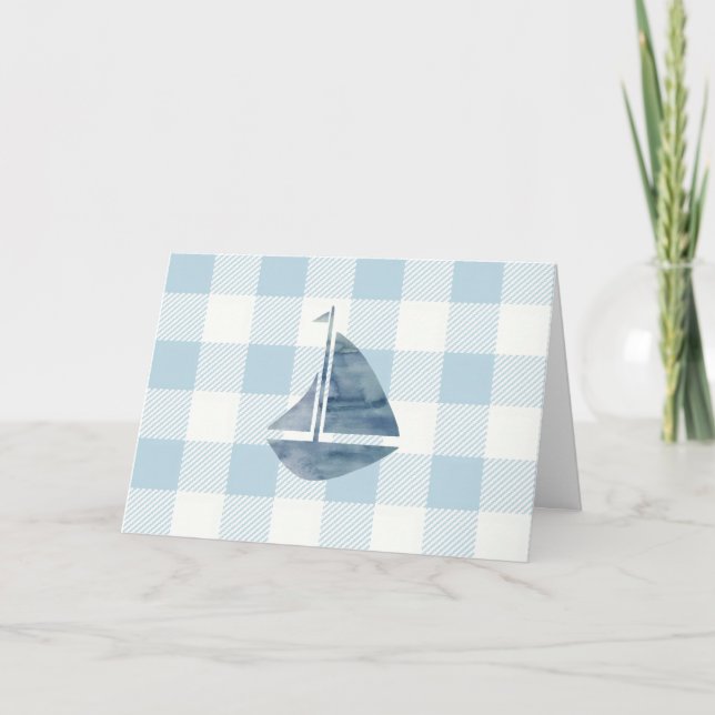 Nautisk segelbåt Blue Gingham Mönster Kort (Framsida)