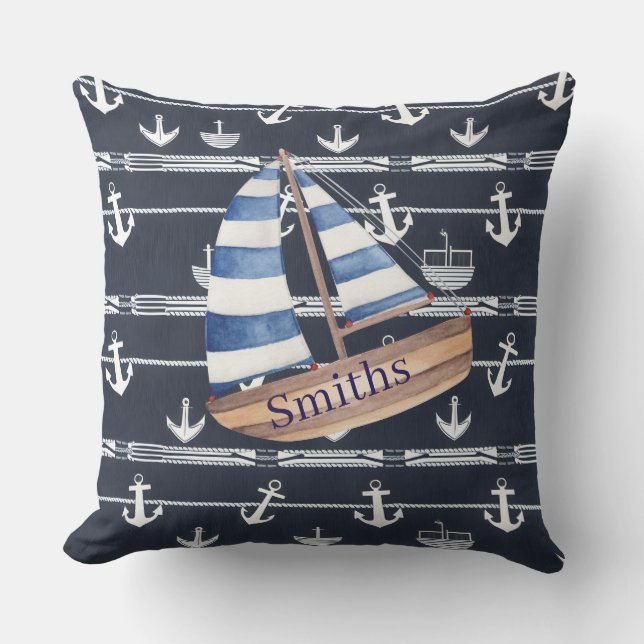 Nautisk segelbåt och Anchor Navy Blue Kudde (Framsida)
