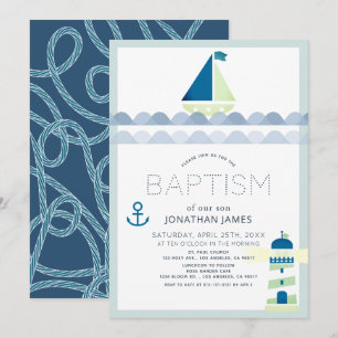 Nautisk segelbåt och fyr Blue Boy Baptism Inbjudningar