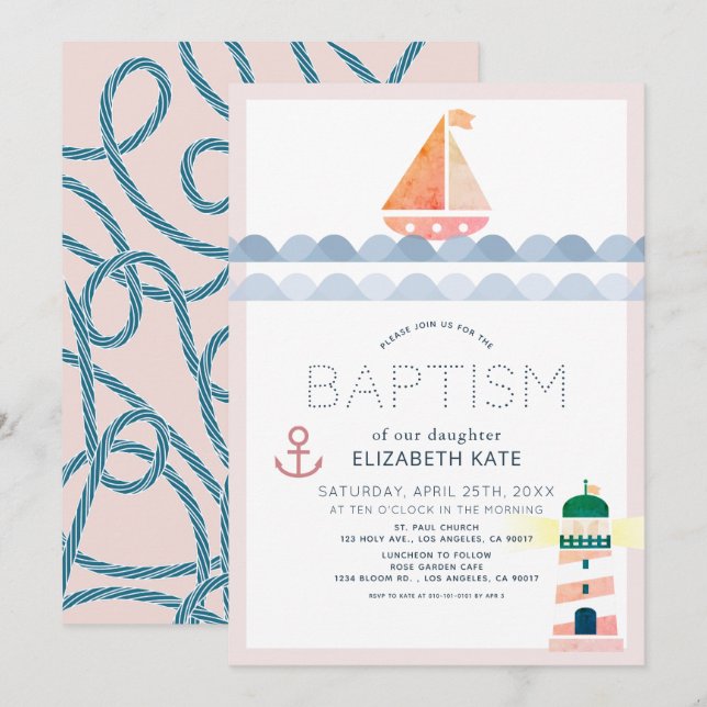 Nautisk segelbåt och fyr Rosa Girl Girl Baptism I Inbjudningar (Fram/baksida)