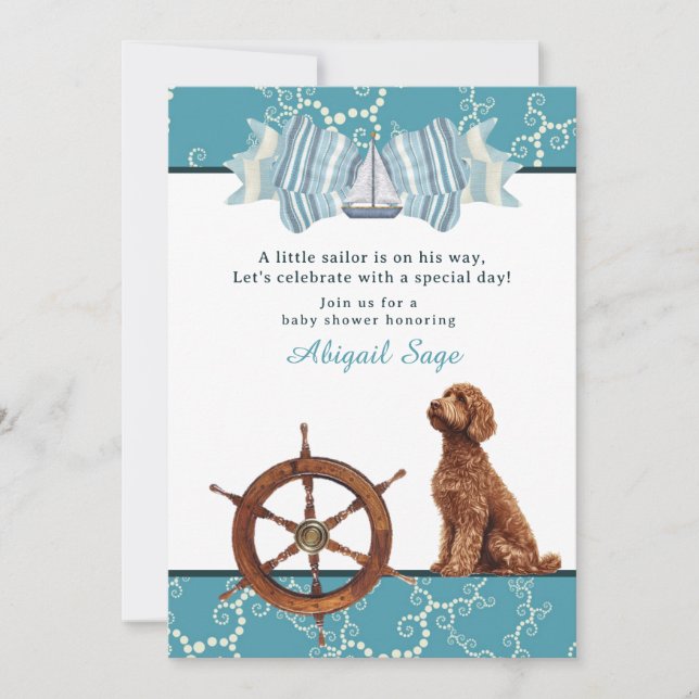 Nautisk segelbåt och Goldendoodle Boy Baby Shower Inbjudningar (Framsida)