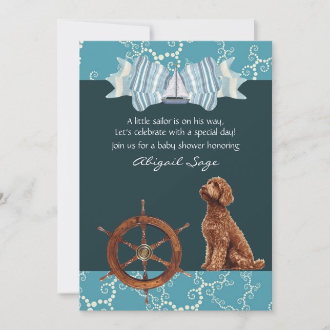 Nautisk segelbåt och Goldendoodle Boy Baby Shower Inbjudningar (Framsida)