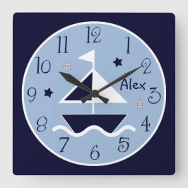 Nautisk segelbåt och Stars Cute Barn Baby Clock Fyrkantig Klocka