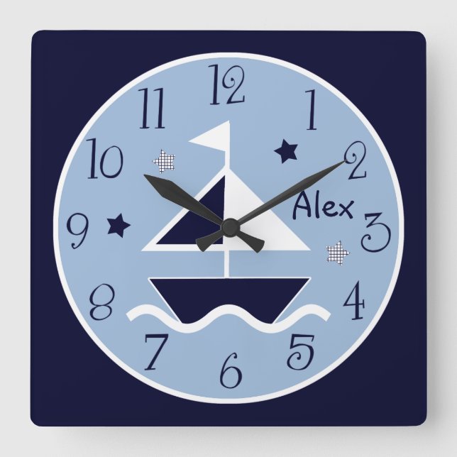 Nautisk segelbåt och Stars Cute Barn Baby Clock Fyrkantig Klocka (Framsida)