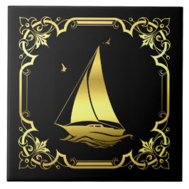 Nautisk segelbåt silhuett/guld/svart kakelplatta