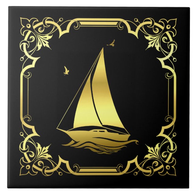 Nautisk segelbåt silhuett/guld/svart kakelplatta (Framsidan)