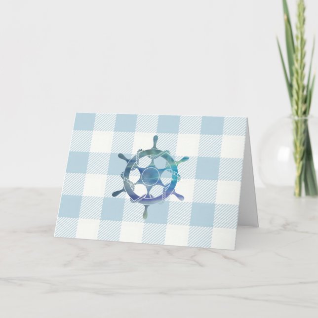 Nautisk segelbåt Wheel Blue Gingham Mönster Kort (Framsida)