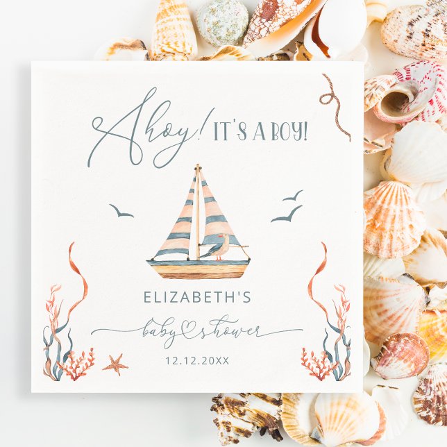 Nautisk sjöbåt Ahoy Det är en pojkbabyskor Pappersservett (Skapare uppladdad)