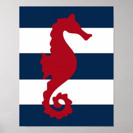 Nautisk sjöfisk, röd, marin och vit poster