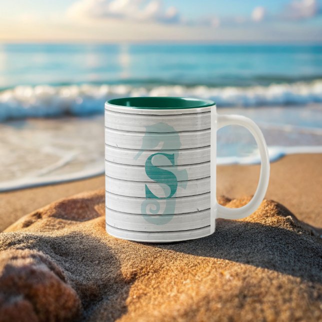 Nautisk sjöhäst Beach House Coastal Coffee Mugg (Add your initial and name to this cute seahorse beach house coffee mug)