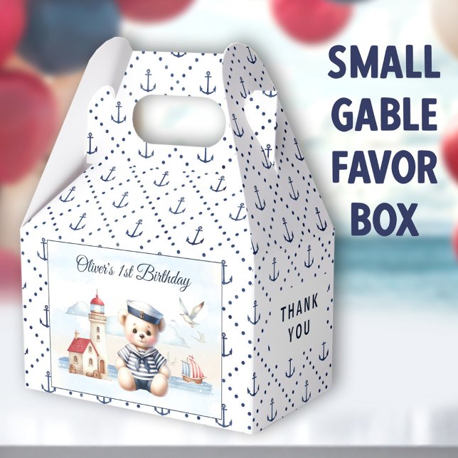 Nautisk sjöräddningsbjörn 1:a födelsedag - liten k presentaskar (Sailor Bear Small Gable Favor Boxes -  You can choose from 3 sizes of these gable favor boxes)