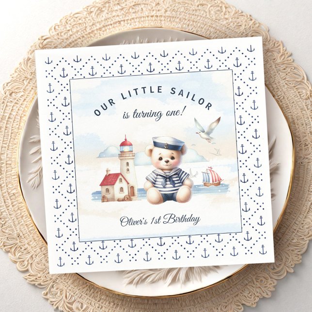 Nautisk sjöräddningstjänst vid första födelsedag pappersservett (Nautical Sailor Cute Bear 1st Birthday Napkins)