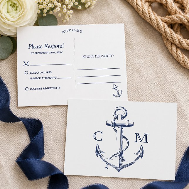 Nautisk skissankare vitt RSVP Inbjudan Vykort (Tie the knot with this navy nautical sketch anchor wedding rsvp. )