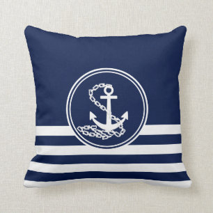 Nautisk Stil Blue och White, Anchor och Rand Kudde