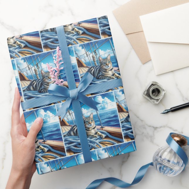 Nautisk Tabby katt på fartygsrutor Presentpapper (Gifting)