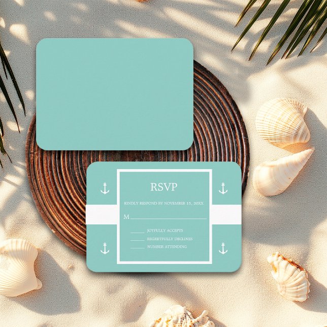 Nautisk Teal Vit Ankare Randiga Bröllops-Svar Tilläggskort (Skapare uppladdad)