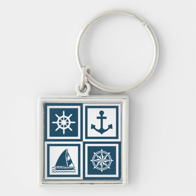 Nautisk tematisk design fyrkantig silverfärgad nyckelring (Framsidan)