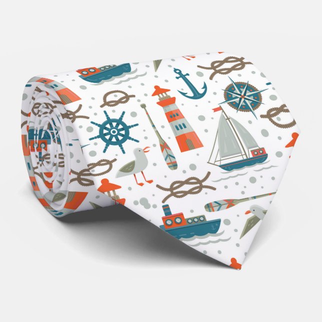 Nautisk tematrisk röd teal grått vit mönster slips (Rullad)