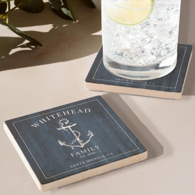 Nautisk Träankare för Familjens Monogram Stenunderlägg (Elevate your dining experience with our Stone Coaster with Rustic Wood Design with Anchor)