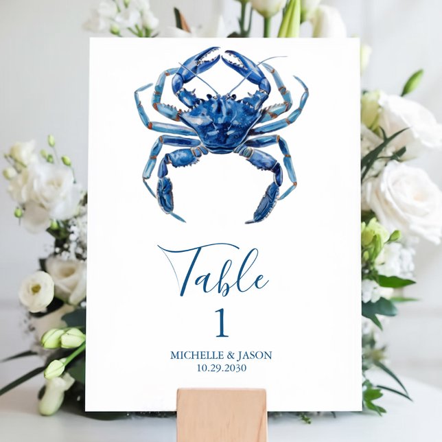 Nautisk trendig Blue Watercolor Crab Bordsnummer (Skapare uppladdad)