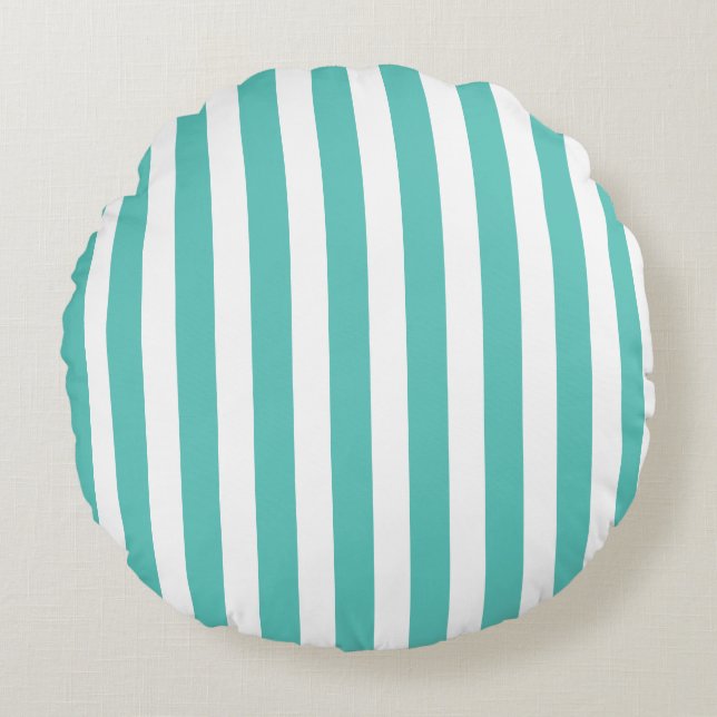 Nautisk turkos och vit stripe rund kudde (Framsidan)