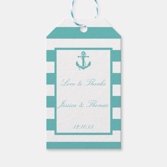 Nautisk turkos Rand Anchor Bröllop Gift-Märkre Presentetikett (Framsidan)