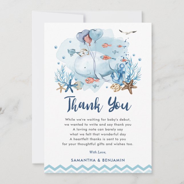 Nautisk val under Sea Blue Boy Baby Shower Tack Kort (Framsida)