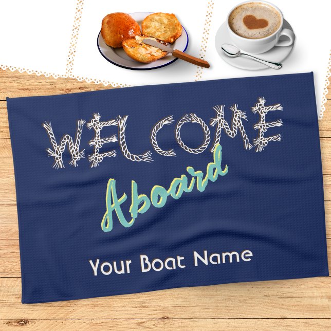 Nautisk Välkommen Ombord Båt Namn Marinblå Kökshandduk (A nautical tea towel, with 'Welcome Aboard' message. Personalize with a boat name or other text)