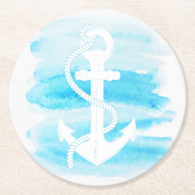 Nautisk vattenfärgsankare (1) underlägg papper rund (Framsidan)