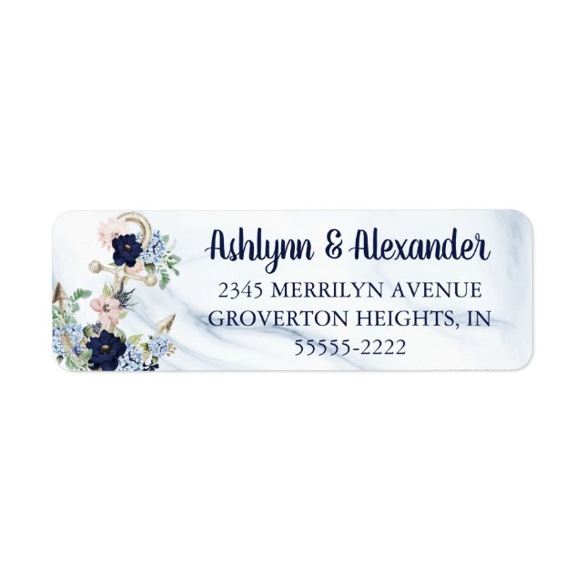 Nautisk vattenfärgsfärgad Blommigt Anchor Navy Blu Returadress Etikett (Framsidan)